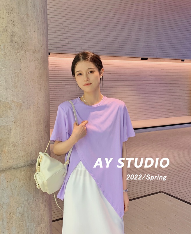 [ay studio] Korean asymmetric split short sleeve T-shirt 66764# zxx