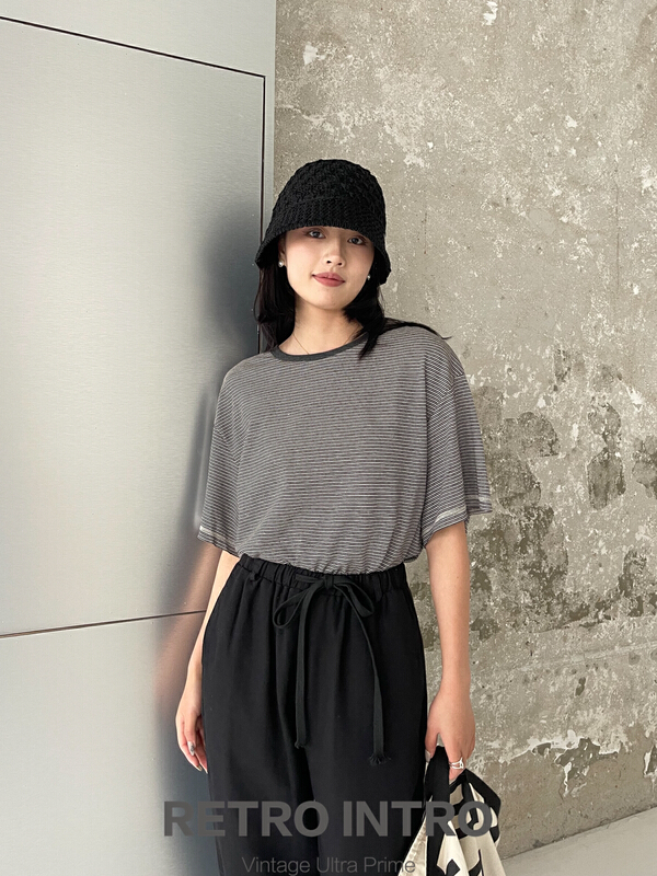 [Rin] Japanese loose stripe slim short sleeve T-shirt r21076# cqw