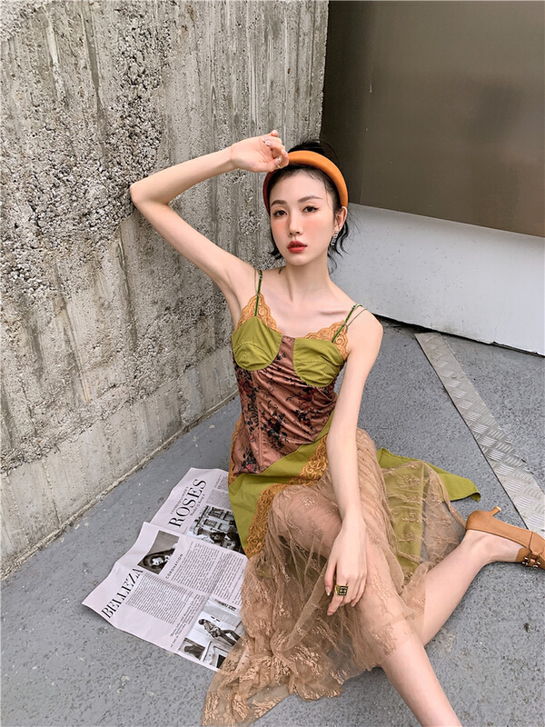 【AC】重工拼接油畫蕾絲連衣裙  6875#  JJ