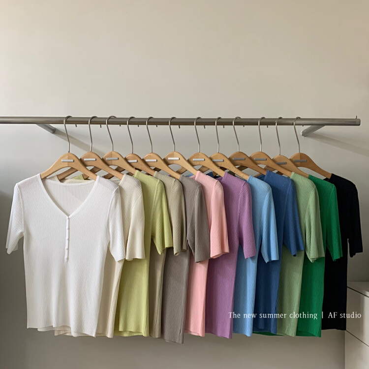 [AF] button V neck ice silk short sleeve sweater 99080# XYY