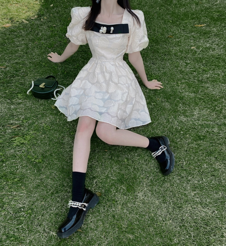 New in early summer! [twins] Korean style square neck sweet jacquard pearl dress 3005# hjy
