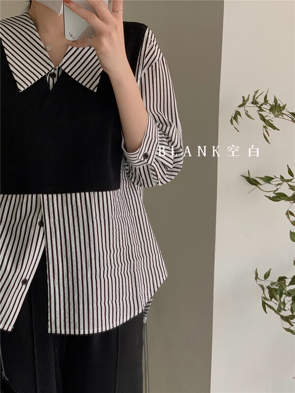goods in stock! [blank] Korean stripe fake two shirts 522216# WPL