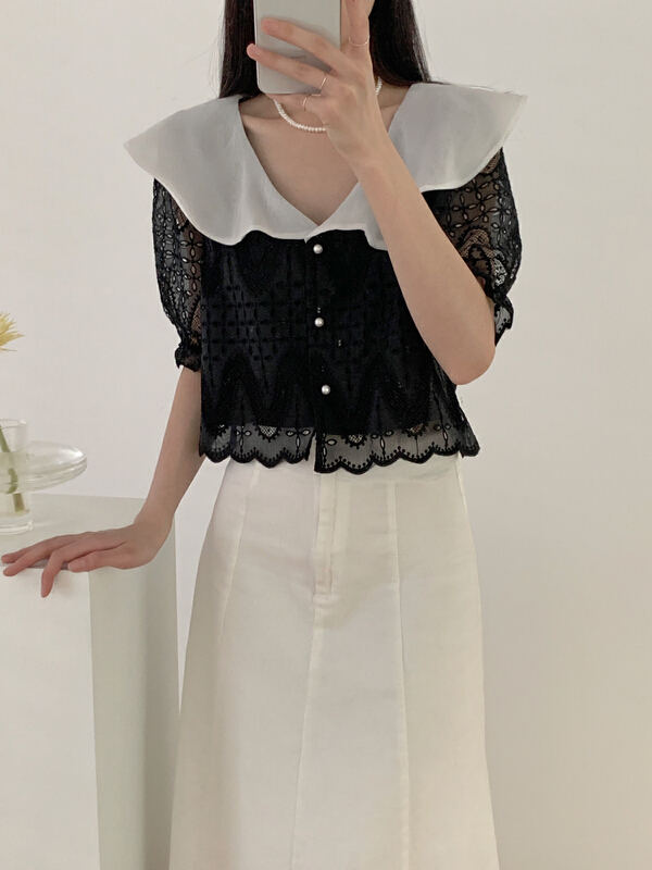 [new open] lace lotus leaf collar western style blouse hy22686# zxl