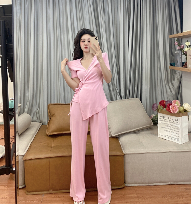 [sister] niche V-neck lace up blouse + slim slacks set ys3-263# ozq