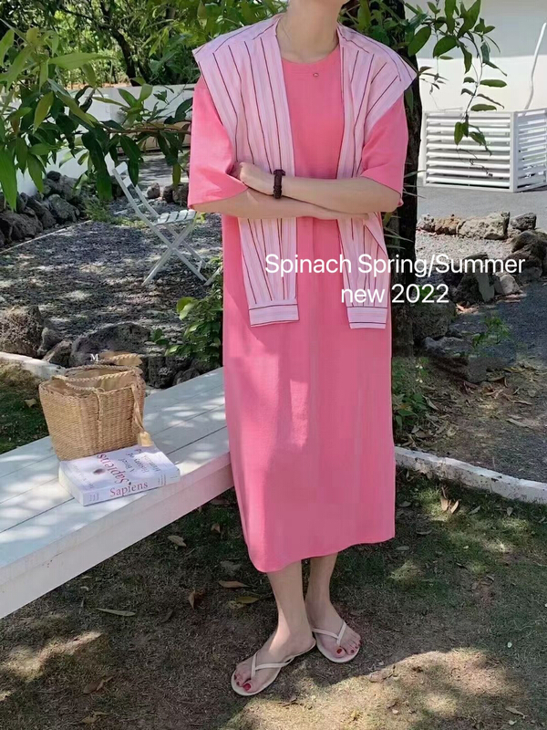[spinach family] round neck simple loose short sleeved dress (with shawl) 6984# HBx