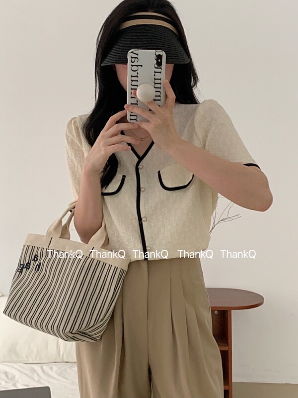New in early summer! [thankq] Korean color contrast edge double bag cover blouse 6831# ZSY