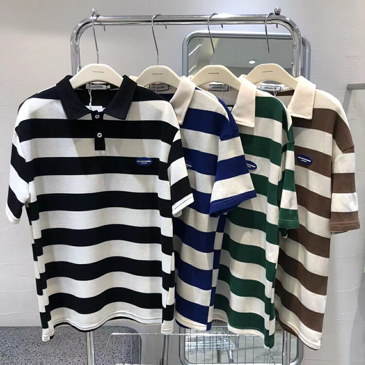 New in early summer! [z.w] heavy industry irregular bead Stripe Polo Shirt 7082# ZZL