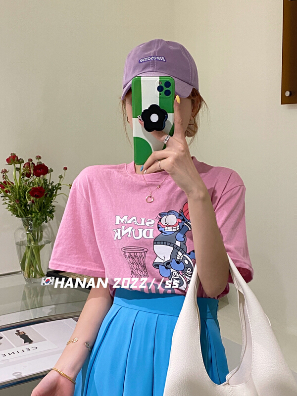 goods in stock! [Hanan] Korean slim fit and slim short Garfield cat ball pattern short sleeve T-shirt 6807# LSL