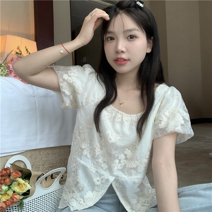[dolly] broken flower embroidery Korean bubble short sleeve shirt 5799# LSW