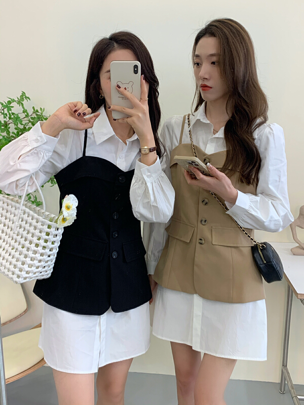 Early spring! [victory. 2] versatile loose shirt + suspender vest suit b29# jhy