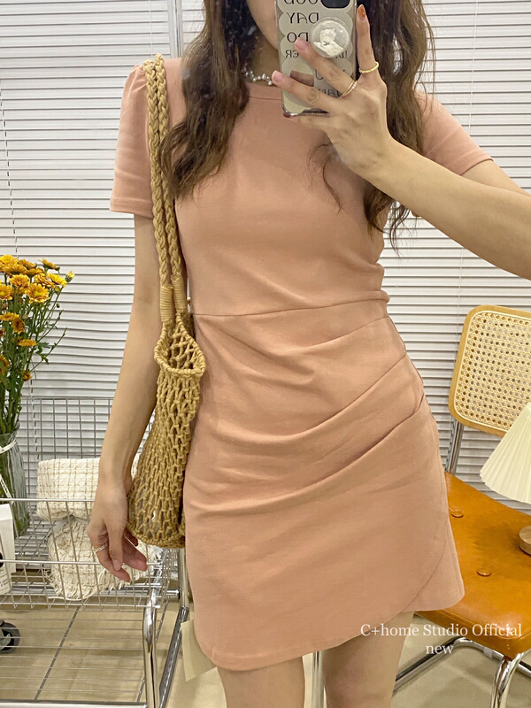 Original price 55.67! New year in early spring! [C + home] Korean round neck hem Pleated Dress 68806# HBx