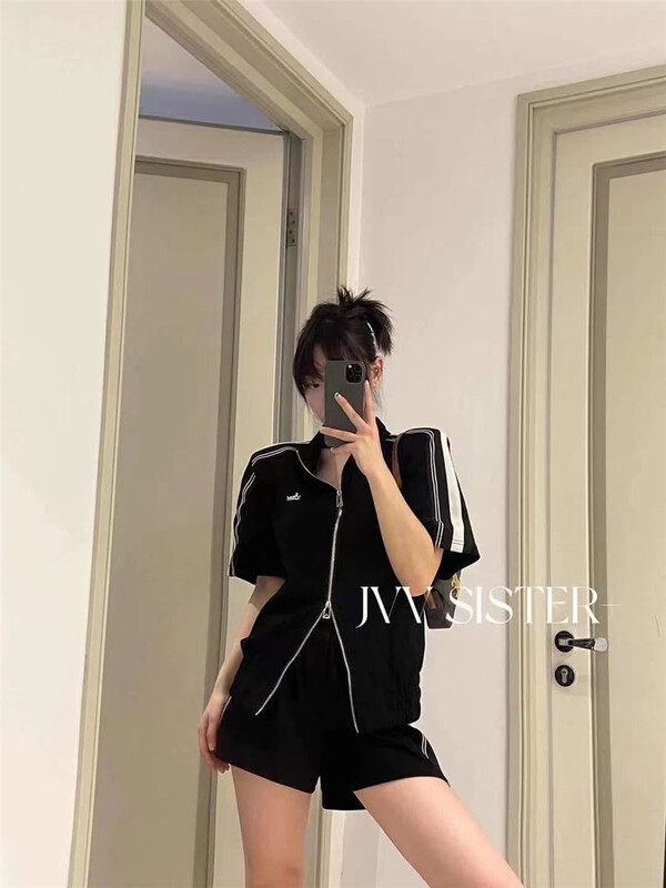 goods in stock! New in early summer! [curler] sportswear stand collar loose short sleeve + elastic waist casual Shorts Set 2873# PCZ