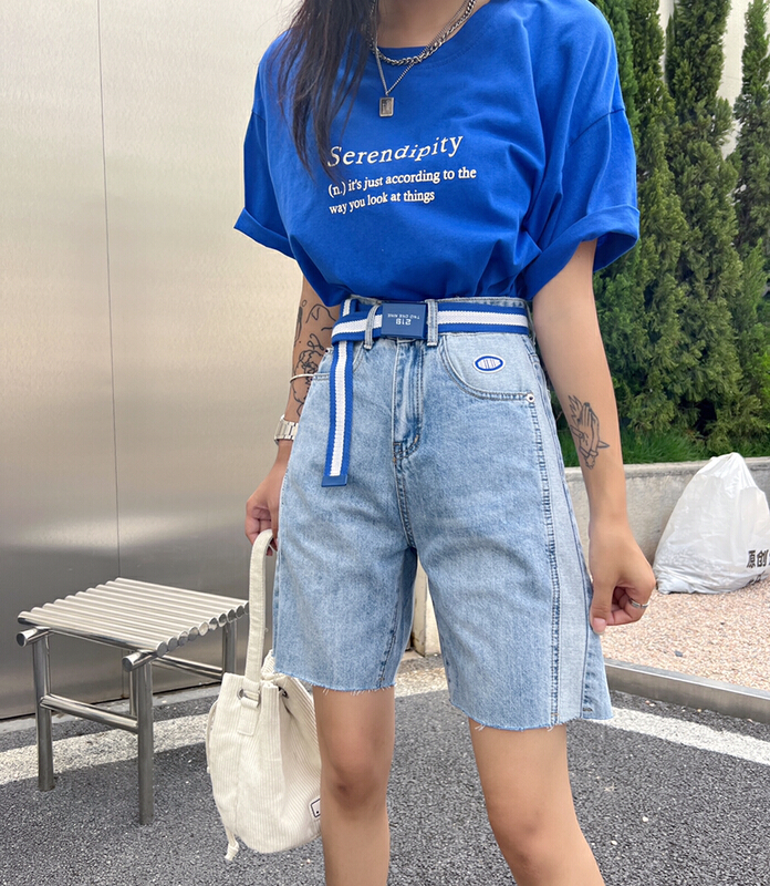 New in early summer! [Mi & Co Wu] Korean splicing 5-point denim shorts (with belt) c1880# hjy