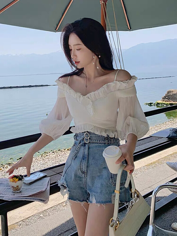 [8lei5 ballet] simple solid color V-neck careful machine sling off shoulder sweet little shirt 112# WPL