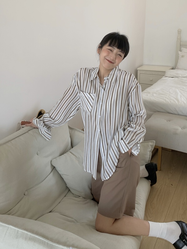 [meet + studio] stripe contrast loose casual long sleeve shirt 57881# LSL