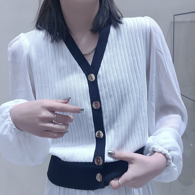 早春上新!【S.J】V領雪紡泡泡袖針織衫  6710#  LSW