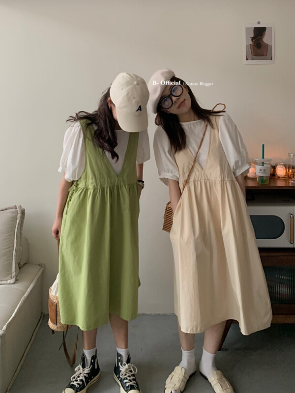 [B plus] simple bubble sleeve shirt + age reducing versatile dress set 22-9439-2# HBx