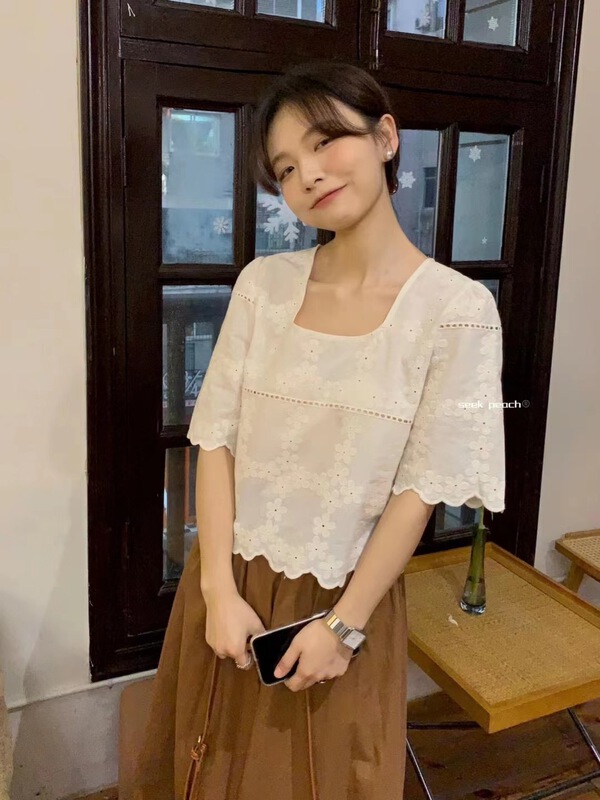 goods in stock! New in early summer! [seek peach] Japanese versatile square neck jacquard blouse 5109# ll
