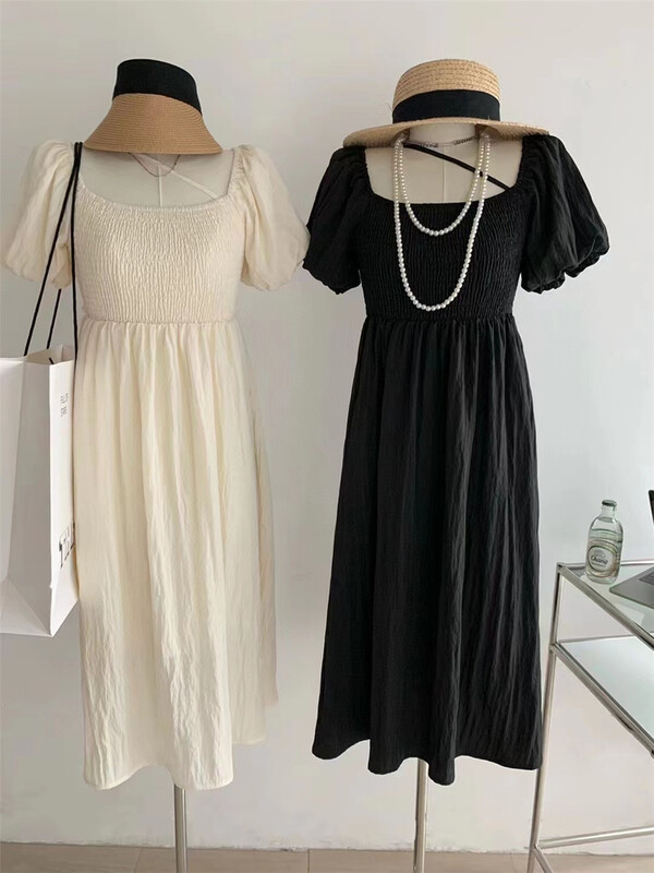 [fne fne] French square neck bubble sleeve waistless design dress 1705# WPL