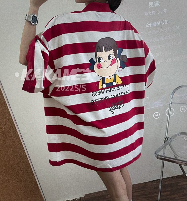 [kakamee] Korean cartoon printed striped polo shirt s387# LSL