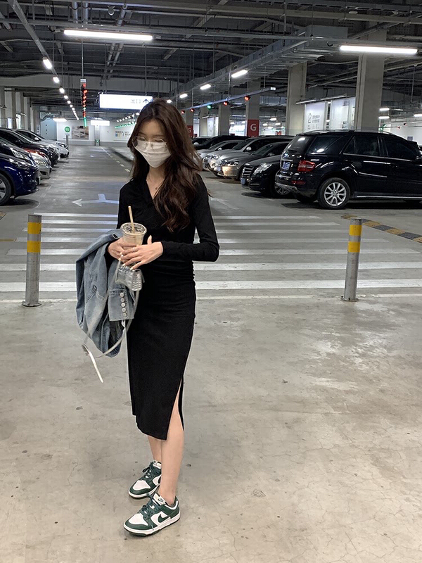 New year in early spring! [LML] simple V-neck split fold Hooded Dress a62131# ozq