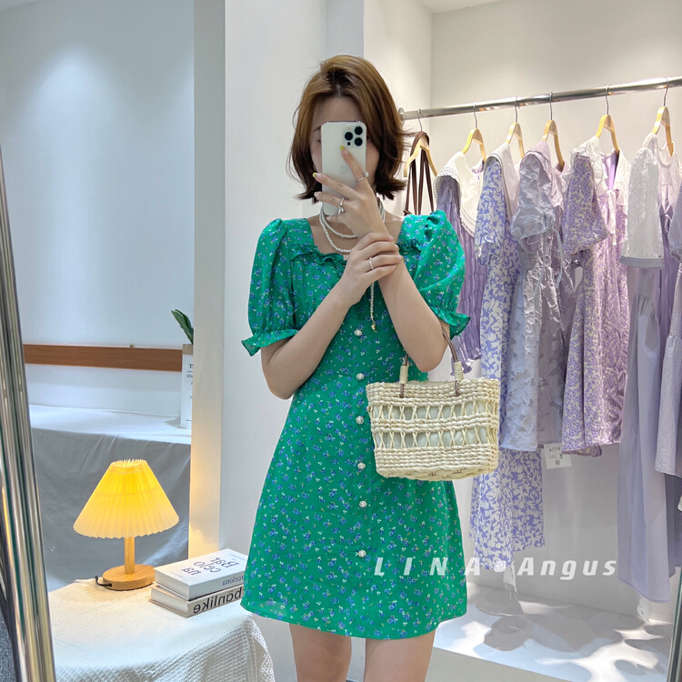 [Lina] sweet Floral Chiffon square neck bubble sleeve dress 0121# hjy