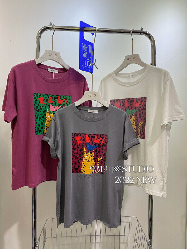 [9319] cat print hem split short sleeve T-shirt 501# L