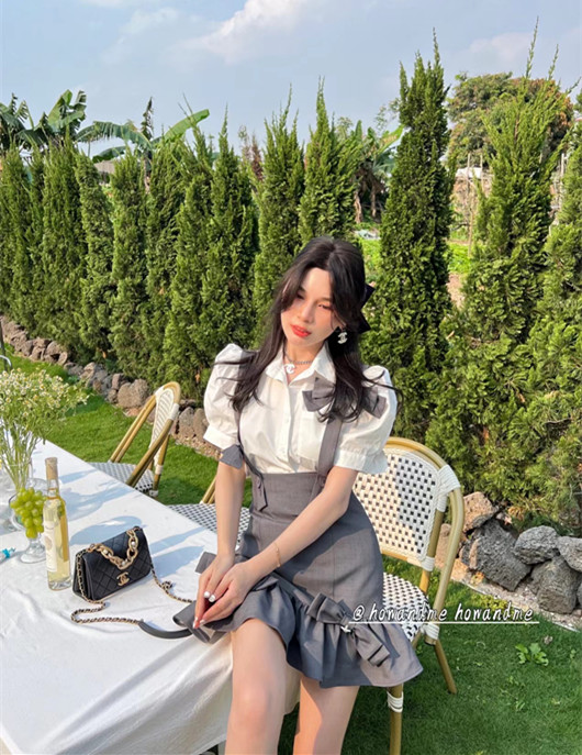 New in early summer! [how and me Cheng Xi] design sense retro fashion strap skirt + simple shirt suit (with removable decoration) 7039# LSL