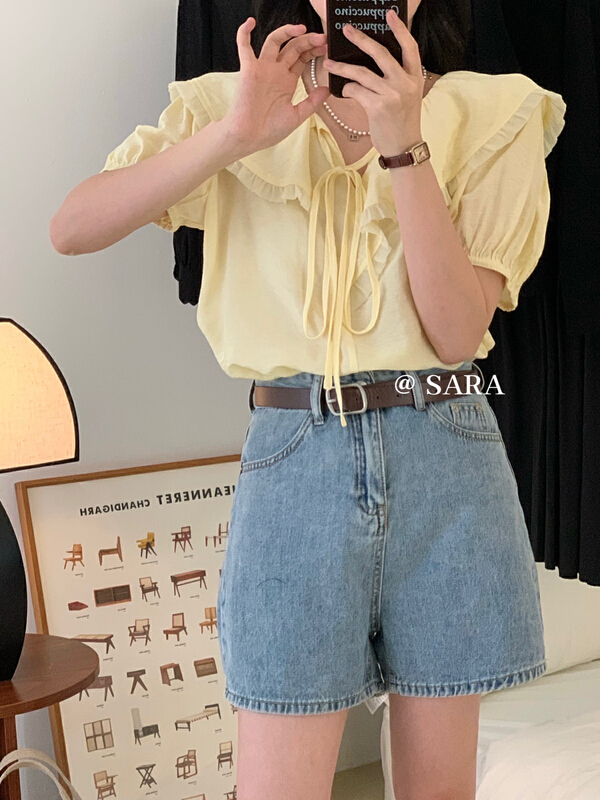 [Sara] Korean sweet Ruffle collar bandage blouse 16989# lwy