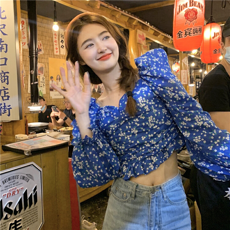 goods in stock! [timely rain] Han Feng ins girl sweet broken flower with breast pad pleated bubble sunscreen shirt c2029# WPL