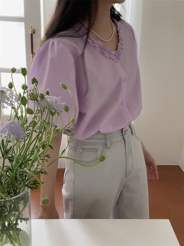 [Gabrielle] V-neck single breasted fashion shirt b2255# zxl