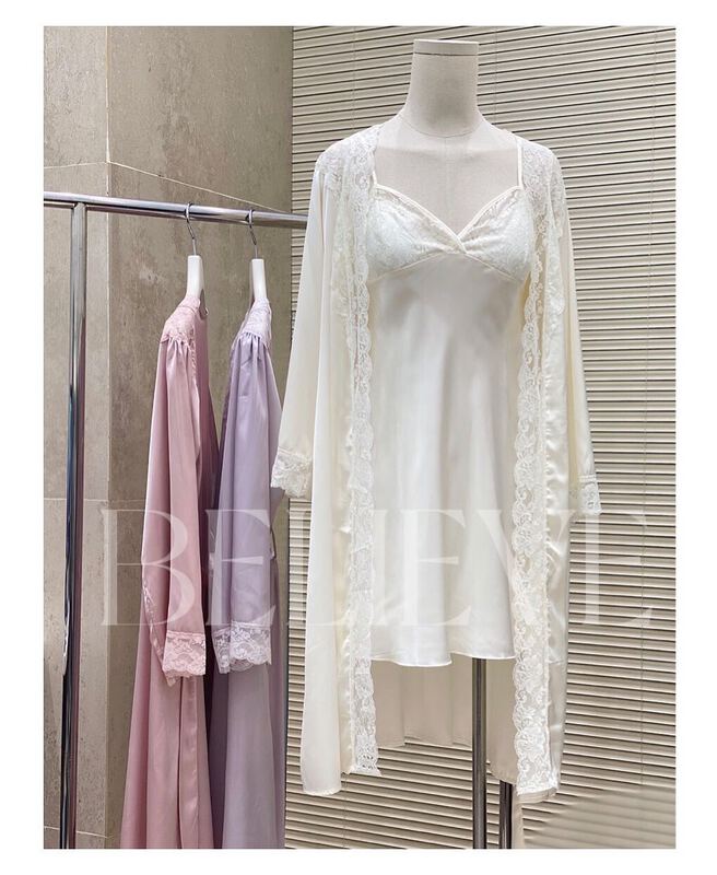 [believe] soft and pure sexy lace high-grade Satin temperament long lace top + V-neck simple suspender vest Pajama suit (with belt) wq00-1# cqw
