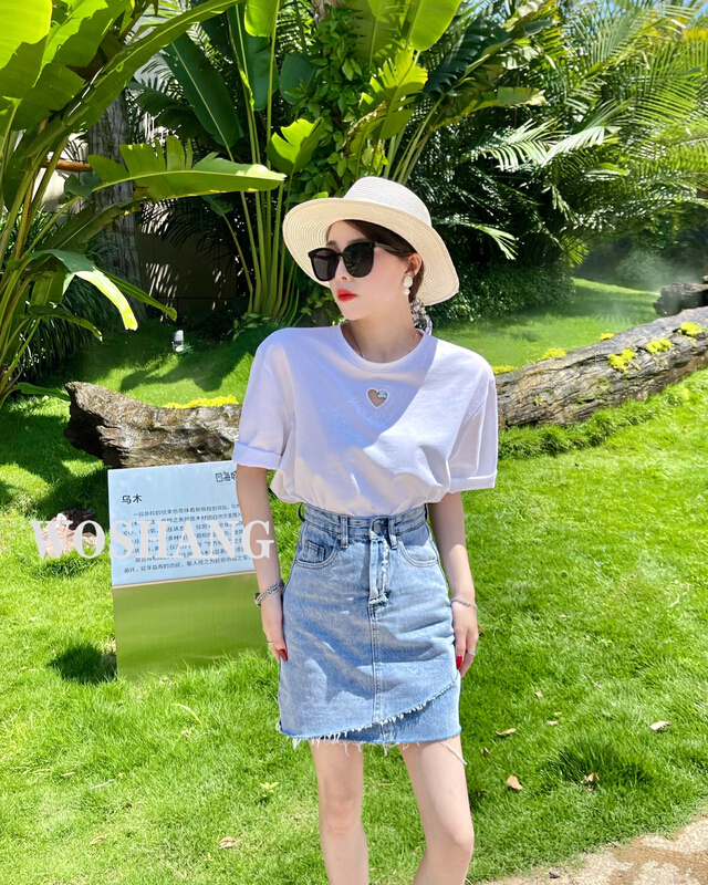 New in early summer! [woshang] hollow out love Korean Casual Short Sleeve T-shirt 170-01# XYJ