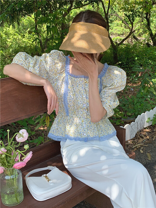 【及時雨】韓風ins復古洋氣碎花蕾絲拼接襯衫  0471#  WPL