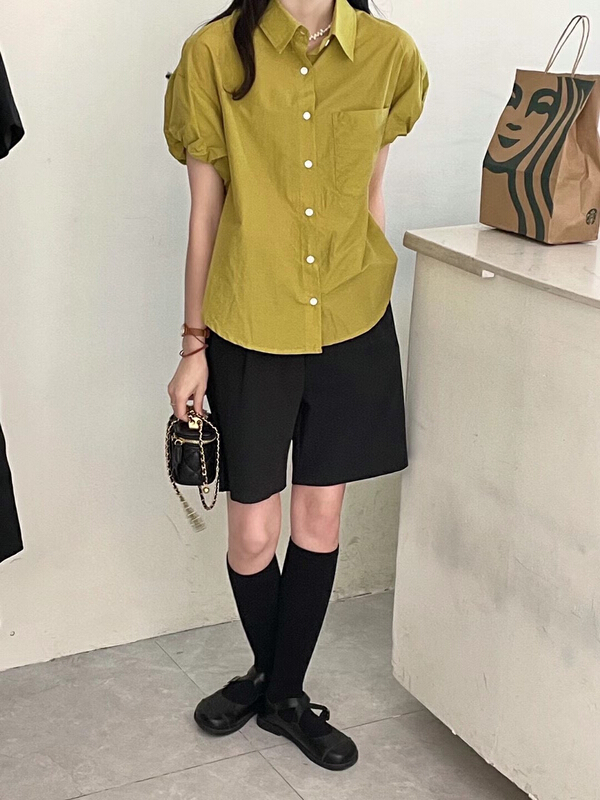 "H-XL" simple solid color bubble sleeve shirt 3525# XYY