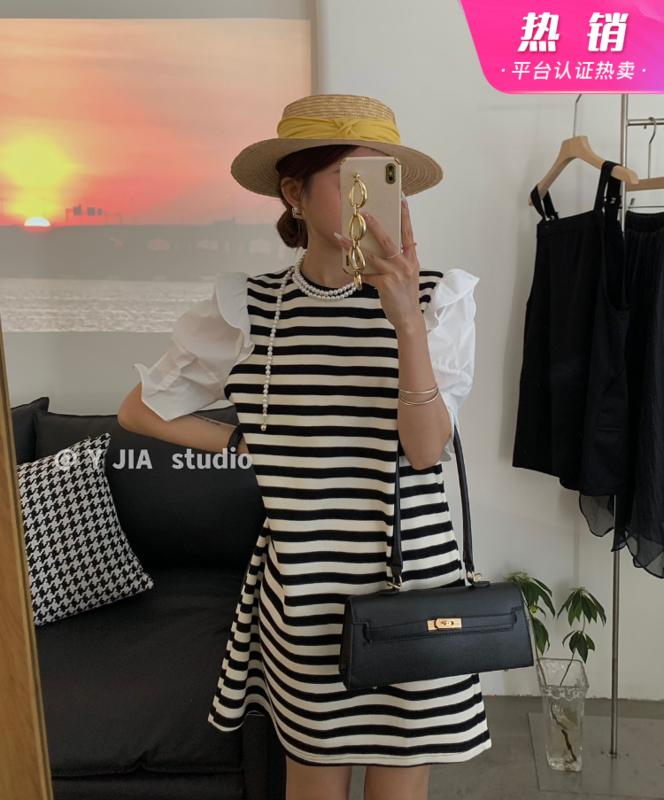 Original price 55.27! [y.jia Yijia] bubble sleeve stitched stripe dress 8993#