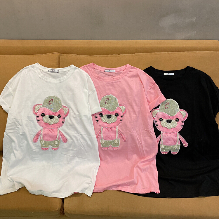 [Qijia +] bear design nail bead versatile short sleeve T-shirt 7393# JJ