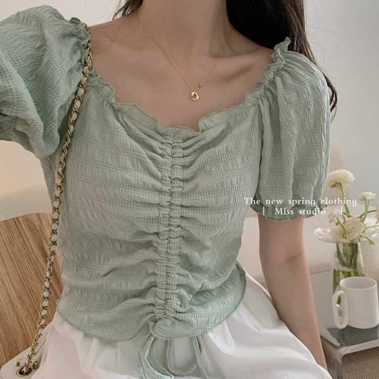goods in stock! New in early summer! [miss miss miss home] drawstring off shoulder solid small shirt f2207# ZSY