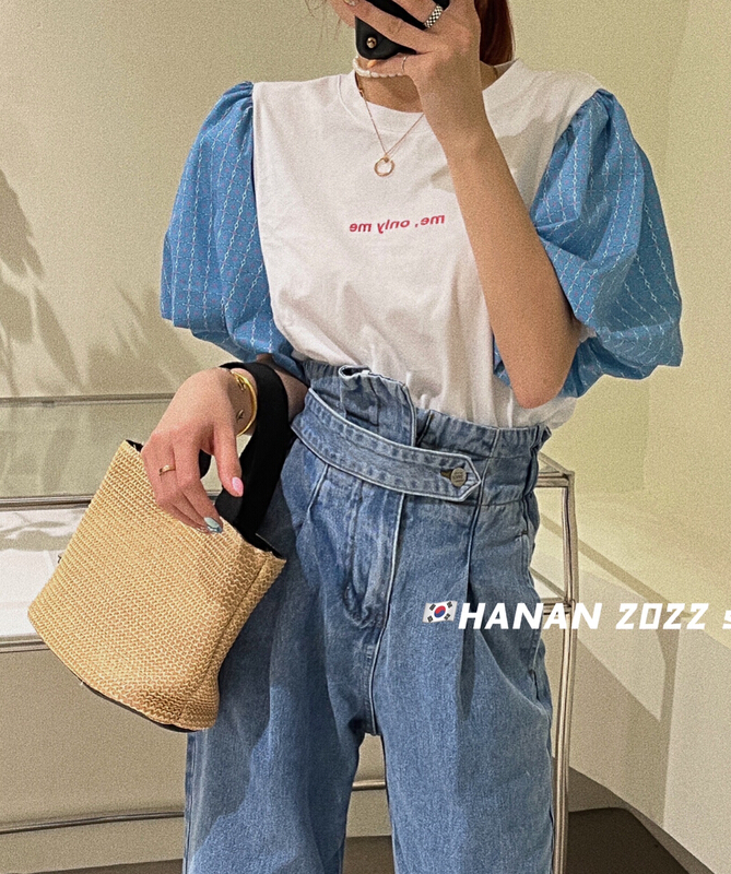 New in early summer! [Hanan] Korean lady print stitched short sleeve T-shirt ys1-6001# LSL