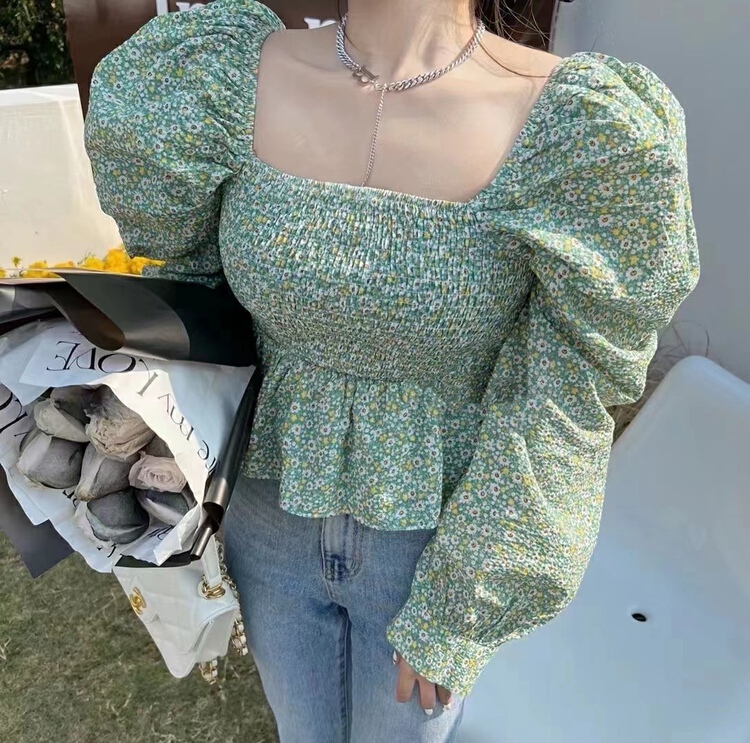 【 SME + 】 temperament broken flower puff sleeve short shirt (without bag) 5805# CSX