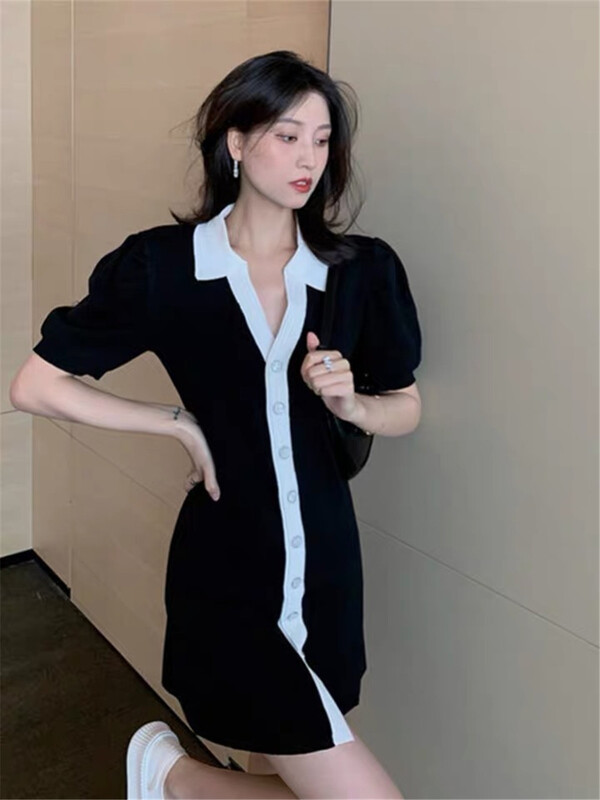 [Sumi] Korean bubble sleeve color matching dress 22607# zjy