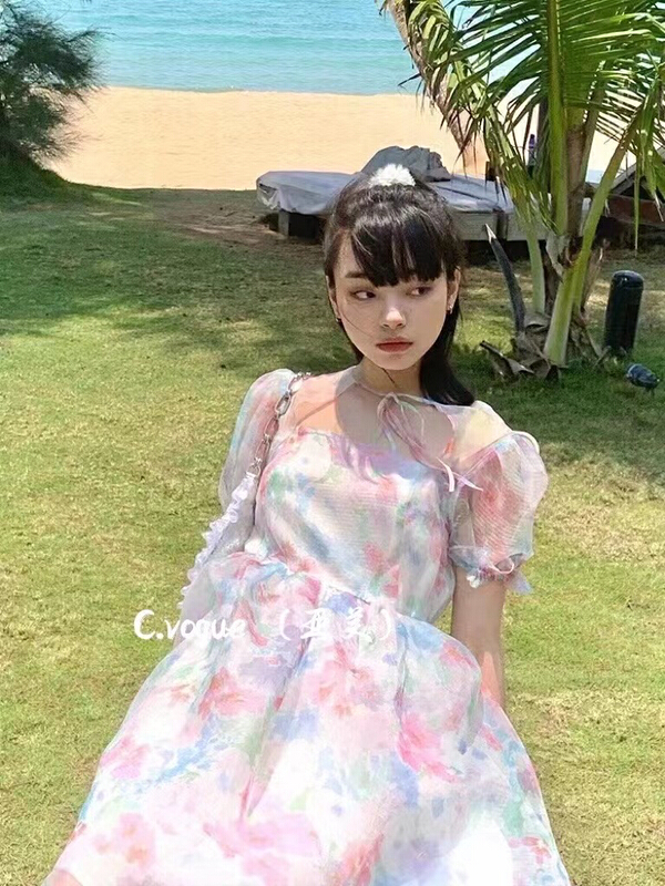 [c.vogue] French soft halo dyed niche bubble sleeve short dress 8869# PCZ