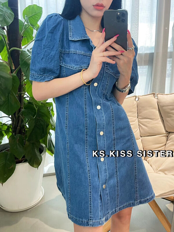 [KS] Korean bubble sleeve polo collar single breasted denim dress 28175# ozq