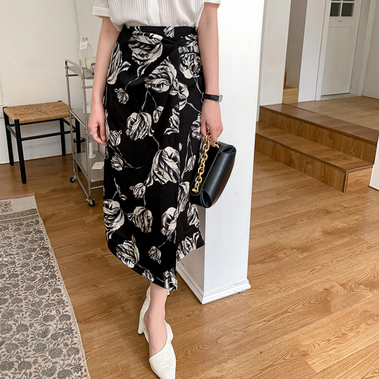 New in early summer! [Hanna Hanna] Vintage elegant print pleated slim skirt m3107# XJ