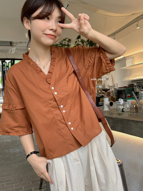 [seek peach] V-neck single breasted comfortable shirt ys1-5218# ll