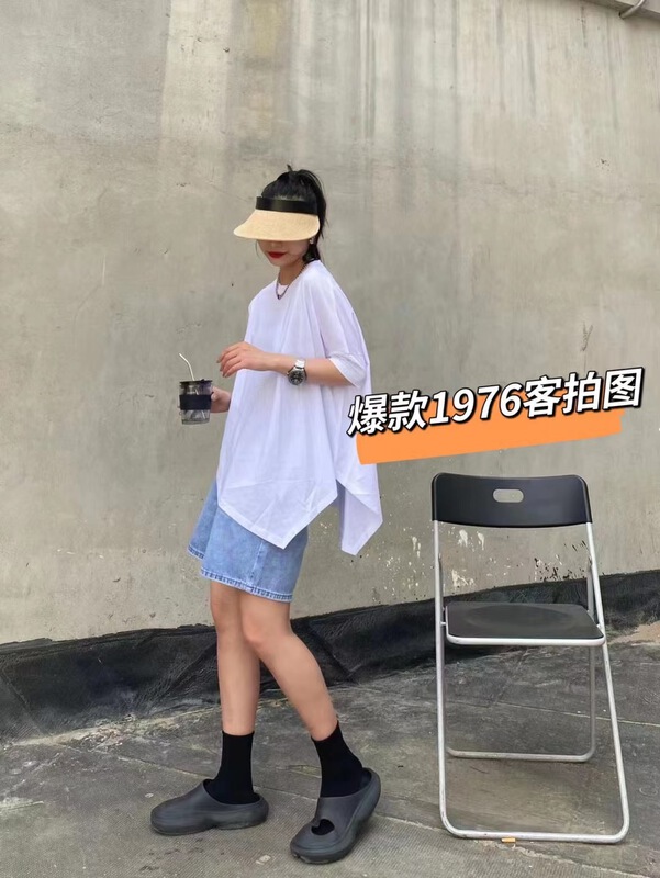 [jtengc] simple casual irregular design loose short sleeve T-shirt 1976# lwy