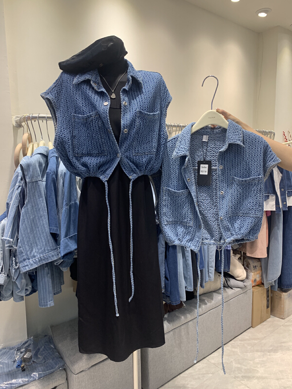 New in early summer! [Dandan] denim Jacquard lace up vest 9511# LSW