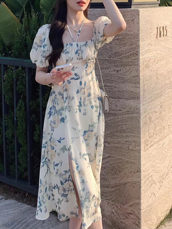 New in early summer! [are studio] French square neck printed long slit dress 9977# WPL