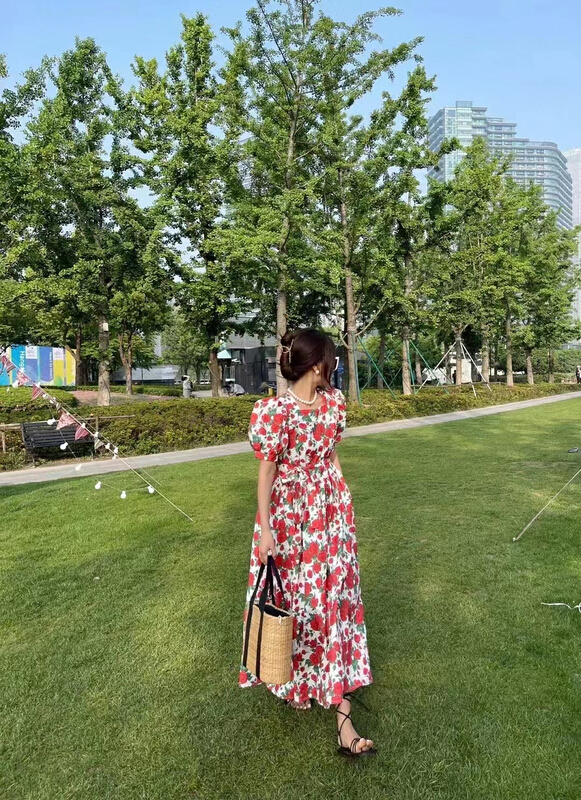 [MI] Korean Vintage flower loose dress (with waist rope) 9522# PCZ