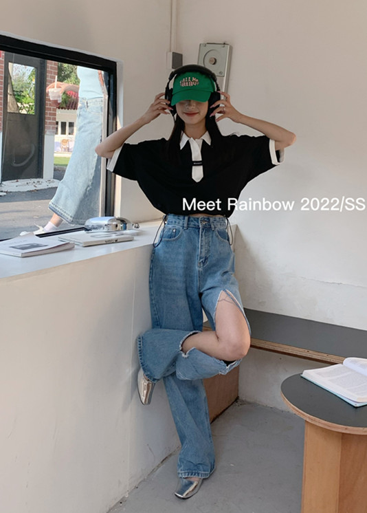 [Meet Rainbow] Korean color contrast polo collar short shirt 28715# LSL